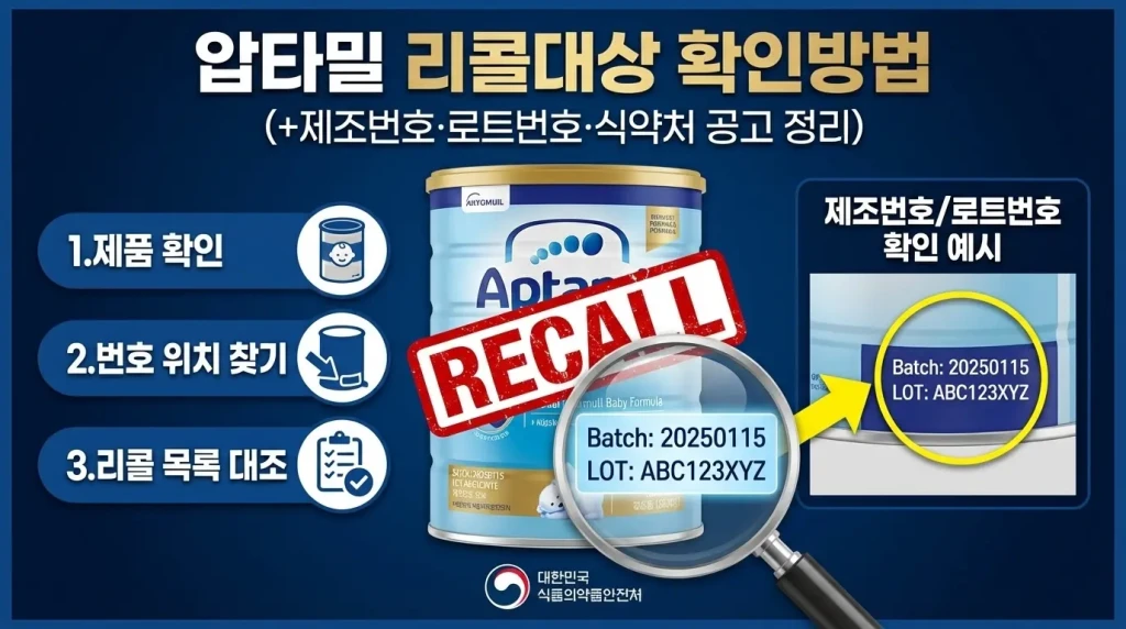 압타밀 리콜 대상 제품 리스트와 유통기한 표시
