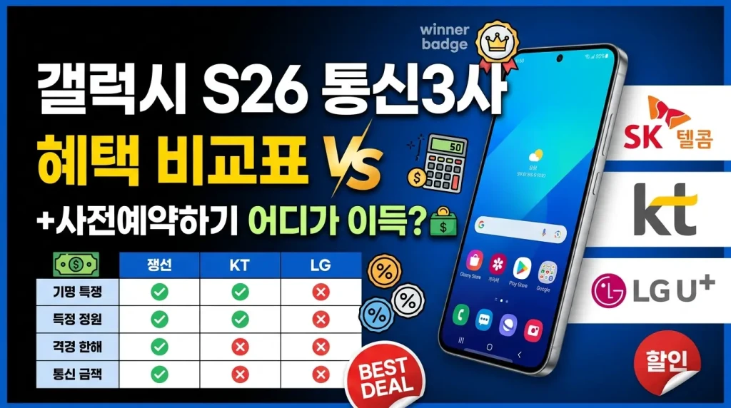갤럭시 S26 통신3사 혜택 비교표