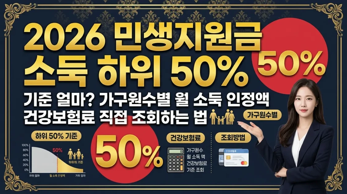 2026 민생지원금 소득 하위 50% 기준 얼마? | 가구원수별 월 소득 인정액 + 건강보험료 조회 방법 2 professional luxurious youtube thumbnail design wi 1774842104106