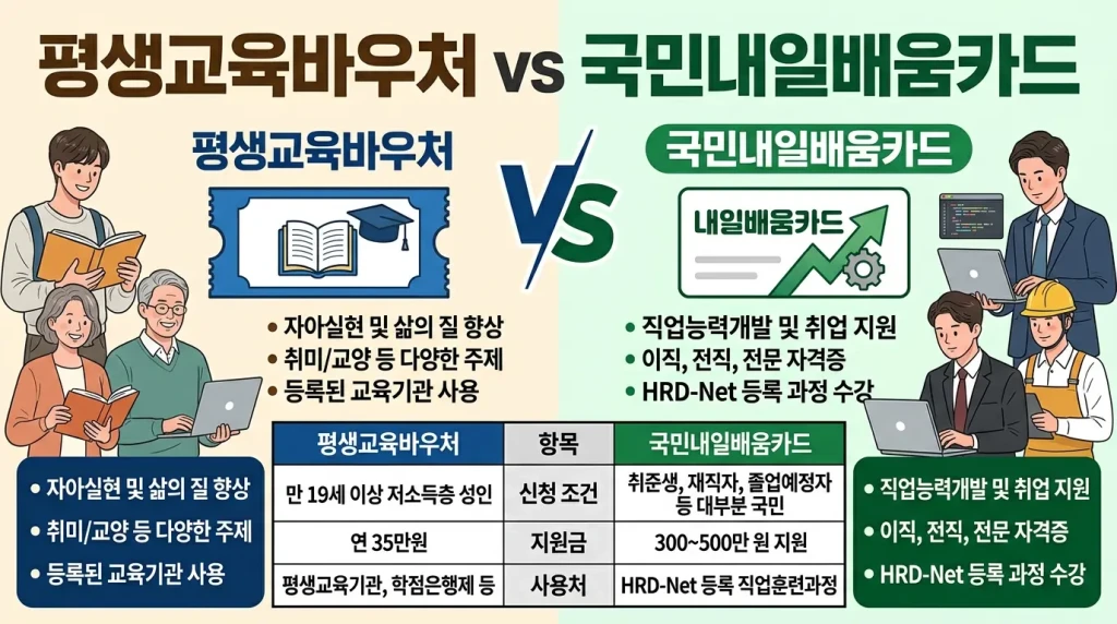 평생교육바우처 vs 국민내일배움카드 차이 (신청 조건·지원금·사용처 비교)