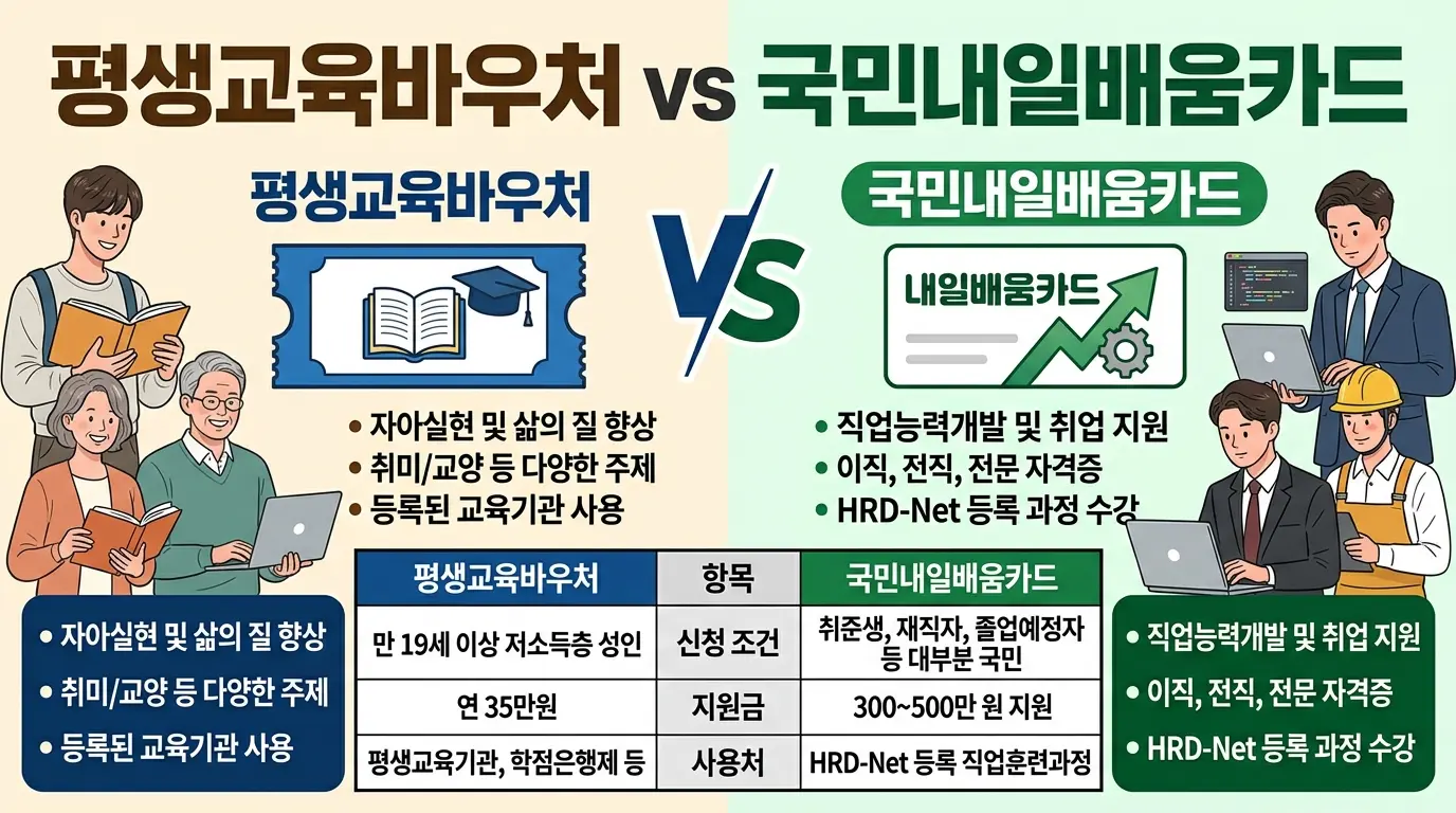 평생교육바우처 vs 국민내일배움카드 차이 (신청 조건·지원금·사용처 비교)