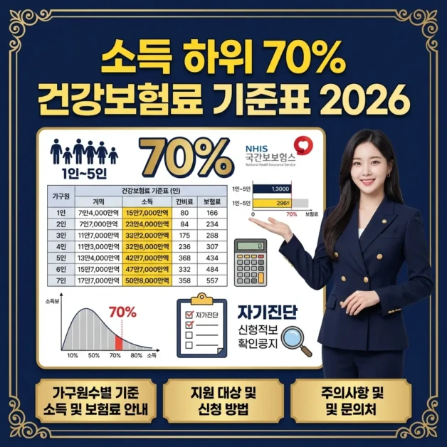 소득 하위 70% 건강보험료 기준표 2026 | 1인~5인 가구 컷라인 + 자가진단 총정리 2 elegant government assistance poster with ornate g 1775322377794