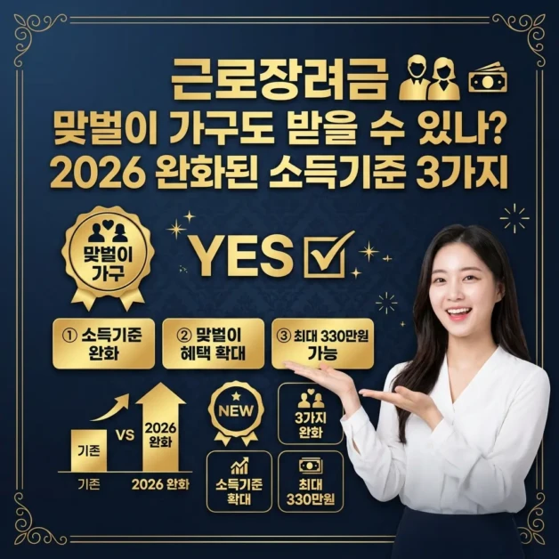 근로장려금 맞벌이 가구도 받을 수 있나? 2026 완화된 소득기준 3가지 확인 포인트 2 premium social media thumbnail with elegant baroqu 1777454945305
