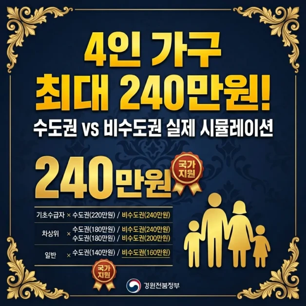 고유가 피해지원금 4인 가구 최대 240만원 받는 조건 | 수도권 vs 비수도권 실제 시뮬레이션 2 고유가 피해지원금 4인 가구