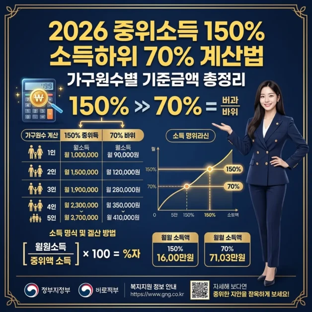 2026 중위소득 150% 소득하위 70% 계산법 | 가구원수별 기준금액 총정리 2 2026 중위소득 150% 소득하위 70%