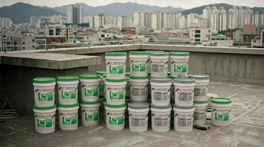 인천 옥상방수 고민 해결, 루프세이프K 한 번 시공으로 10년 안심 3 a photorealistic construction site rooftop scene w 1774017044737